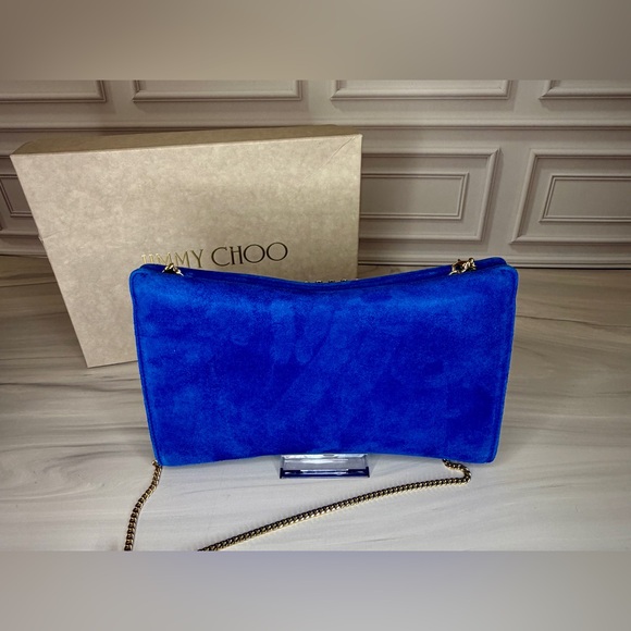 Jimmy Choo Venus Electric Blue Suede Chain Wallet Clutch | Full Set | Like New - Picture 3 of 10